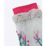 Embroidered flower semi-sheer white socks